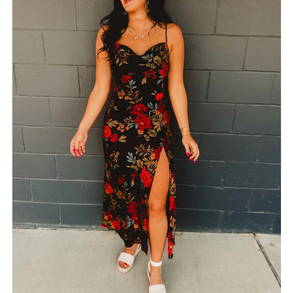 Floral Black & Red Slit Maxi Dress - Elegant Women's Dress